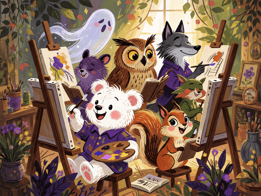 StyleGuideAI community members — illustrated as a white bear, owl, wolf, squirrel, ghost, and other characters — painting and sketching together in a warm art studio